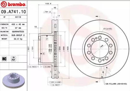 BREMBO 430x45mm, 10, internally vented, High-carbon Ø: 430mm, Num. of holes: 10, Brake Disc Thickness: 45mm Brake rotor 09.A741.10 buy