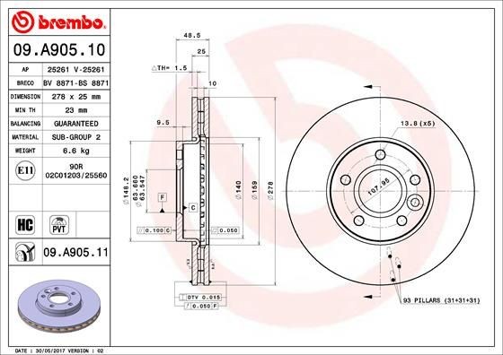 09.A905.11 Brake discs 09.A905.11 BREMBO 278x25mm, 5, internally vented, Coated, High-carbon