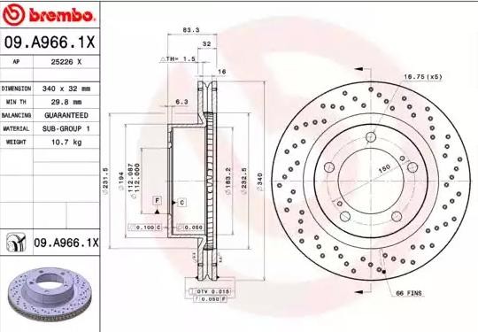 BREMBO XTRA LINE 09.A966.1X Brake disc 340x32mm, 5, perforated/vented, Coated