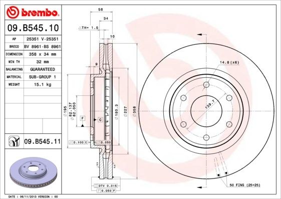 BREMBO COATED DISC LINE 358x34mm, 6, internally vented, Coated Ø: 358mm, Num. of holes: 6, Brake Disc Thickness: 34mm Brake rotor 09.B545.11 buy