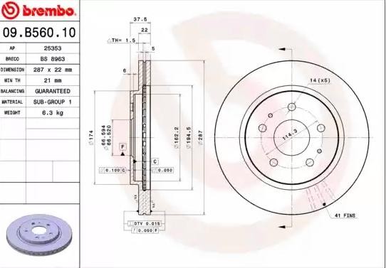 BREMBO 287x22mm, 5, internally vented Ø: 287mm, Num. of holes: 5, Brake Disc Thickness: 22mm Brake rotor 09.B560.10 buy