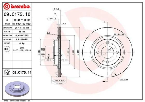 BREMBO COATED DISC LINE 09.C175.11 Brake disc 1612090780