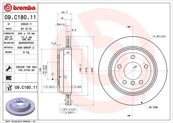 BREMBO COATED DISC LINE 09.C180.11 Brake disc 294x19mm, 5, internally vented, Coated, High-carbon