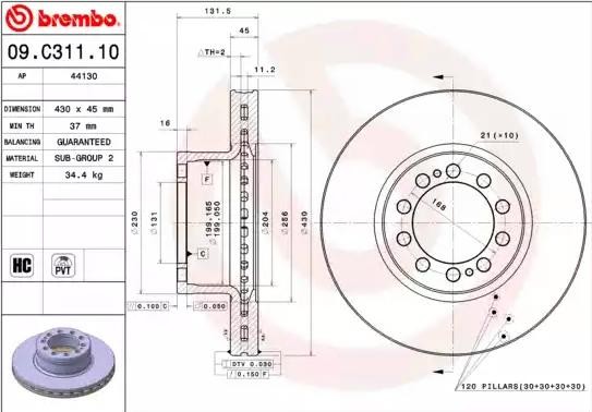 BREMBO 430x45mm, 10, internally vented, High-carbon Ø: 430mm, Num. of holes: 10, Brake Disc Thickness: 45mm Brake rotor 09.C311.10 buy
