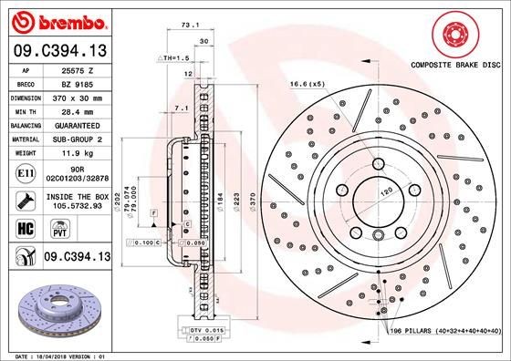BREMBO 09.C394.13 Brake rotor 370x30mm, 5, internally vented, slotted/perforated, two-part brake disc, Coated, High-carbon