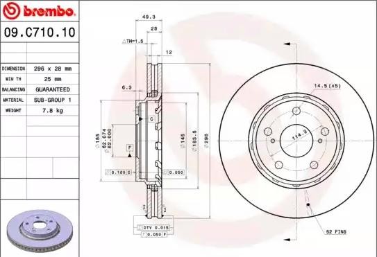 BREMBO COATED DISC LINE 09.C710.11 Brake disc 296x28mm, 5, internally vented, Coated