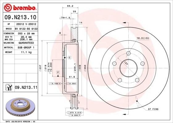BREMBO COATED DISC LINE 09.N213.11 Brake disc 350x28mm, 5, internally vented, Coated