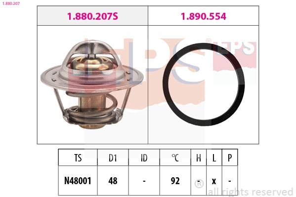 EPS 1.880.207 Engine thermostat Opening Temperature: 92°C, 48mm, Made in Italy - OE Equivalent, with seal