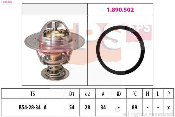 Coolant thermostat EPS Opening Temperature: 89°C, 54mm, Made in Italy - OE Equivalent - 1.880.220