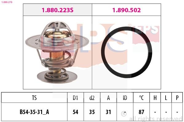 EPS 1.880.278 Engine thermostat Opening Temperature: 87°C, 54mm, Made in Italy - OE Equivalent, with seal