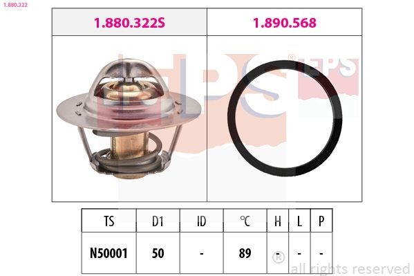 1.880.322 EPS Coolant thermostat RENAULT Opening Temperature: 89°C, 50mm, Made in Italy - OE Equivalent, with seal