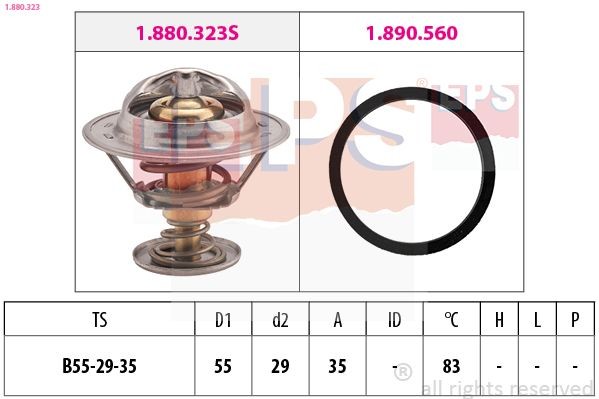 1.880.323 EPS Coolant thermostat FIAT Opening Temperature: 83°C, 55mm, Made in Italy - OE Equivalent, with seal