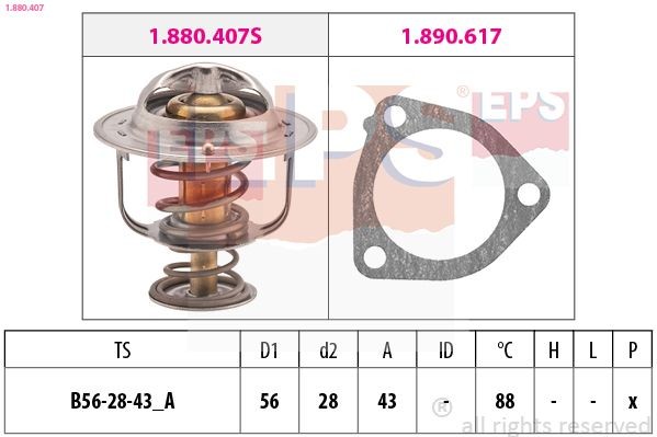 1.880.407 EPS Coolant thermostat NISSAN Opening Temperature: 88°C, 56mm, Made in Italy - OE Equivalent, with seal