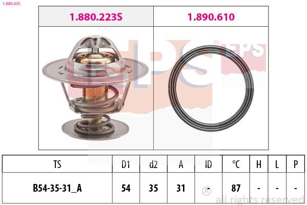 EPS 1.880.435 Engine thermostat Opening Temperature: 87°C, 54mm, Made in Italy - OE Equivalent, with seal