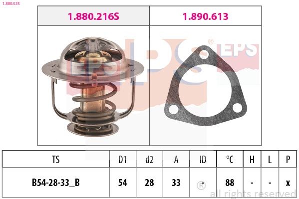 1.880.535 EPS Coolant thermostat NISSAN Opening Temperature: 88°C, 54mm, Made in Italy - OE Equivalent, with seal