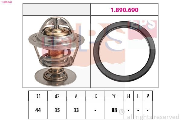 1.880.685 EPS Coolant thermostat DODGE Opening Temperature: 88°C, 44mm, Made in Italy - OE Equivalent