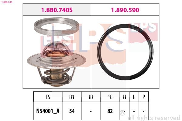 EPS 1.880.740 Engine thermostat Opening Temperature: 82°C, 54mm, Made in Italy - OE Equivalent, with seal