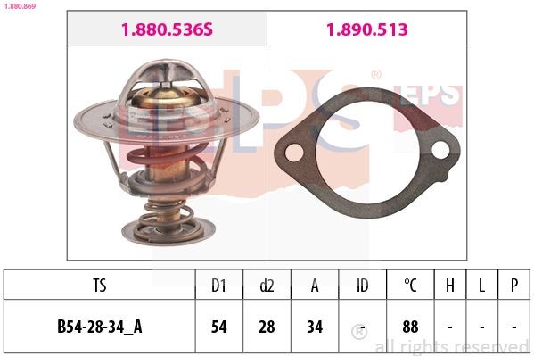 EPS 1.880.869 Engine thermostat Opening Temperature: 88°C, 54mm, Made in Italy - OE Equivalent, with seal