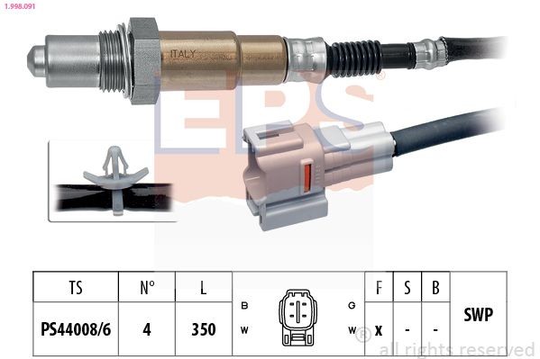 EPS 1.998.091 Lambda sensor with fastening material, Made in Italy - OE Equivalent, Heated, Planar probe, Thread pre-greased, 4