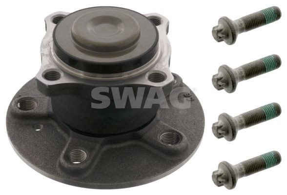 SWAG 10 94 6342 Wheel bearing kit Rear Axle Left, Rear Axle Right, Wheel Bearing integrated into wheel hub, with wheel hub, with fastening material, 143 mm, Angular Ball Bearing