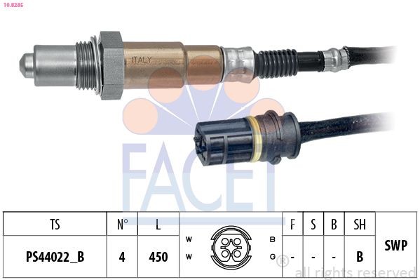 EPS 1.998.285 FACET Made in Italy - OE Equivalent, Heated, Planar probe, Thread pre-greased, 4 Cable Length: 450mm Oxygen sensor 10.8285 buy