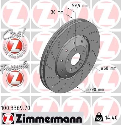 100.3369.70 Brake discs 100.3369.70 ZIMMERMANN 390x36mm, 6/5, 5x112, Vented, Perforated, two-part brake disc, Coated, Alloyed/High-carbon