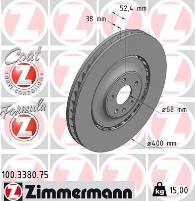 ZIMMERMANN 100.3380.75 Brake rotor 400x38mm, 6/5, 5x112, Vented, two-part brake disc, Coated, Alloyed/High-carbon