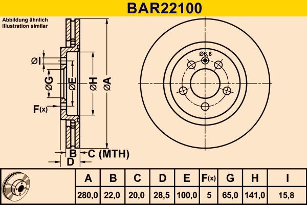 Barum BAR22100 Brake disc 280,0x22,0mm, 5x100,0, Vented, High-carbon