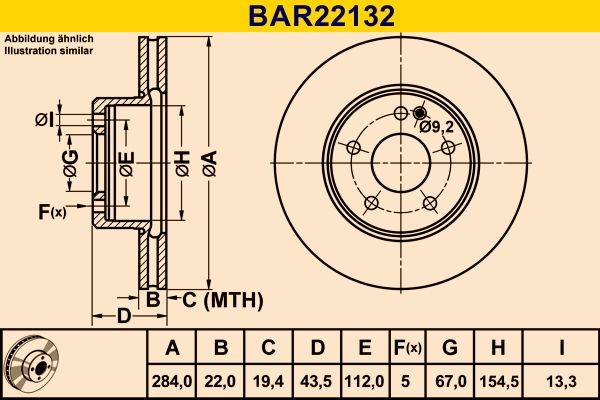 Barum BAR22132 Brake disc 284,0x22,0mm, 5x112,0, Vented, Alloyed/High-carbon