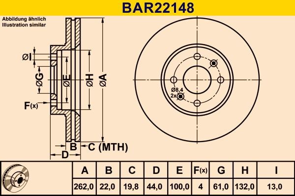 BAR22148 Barum Brake rotors RENAULT 262,0x22,0mm, 4x100,0, Vented