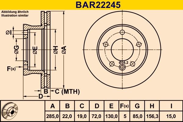 Barum BAR22245 Brake disc 285,0x22,0mm, 5x130,0, Vented, Alloyed/High-carbon