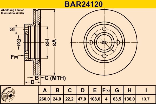 BAR24120 Barum Brake rotors CHRYSLER 260,0x24,0mm, 4x108,0, Vented
