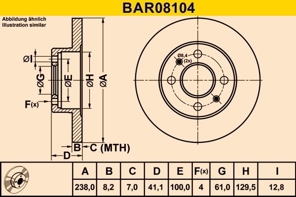 BAR08104 Barum Brake rotors RENAULT 238,0x8,2mm, 4x100,0, solid