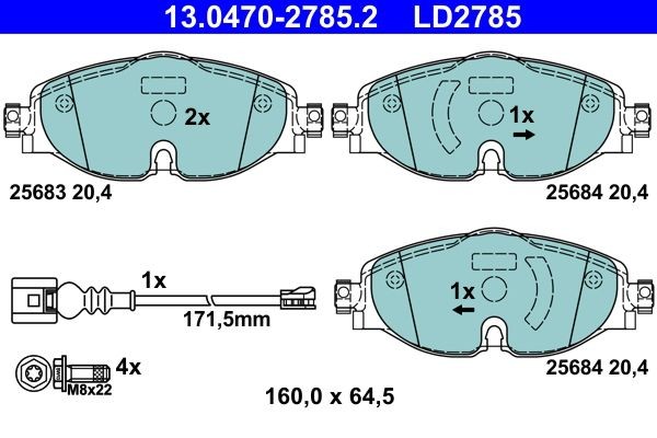 13.0470-2785.2 Set of brake pads 13.0470-2785.2 ATE prepared for wear indicator, incl. wear warning contact, with brake caliper screws