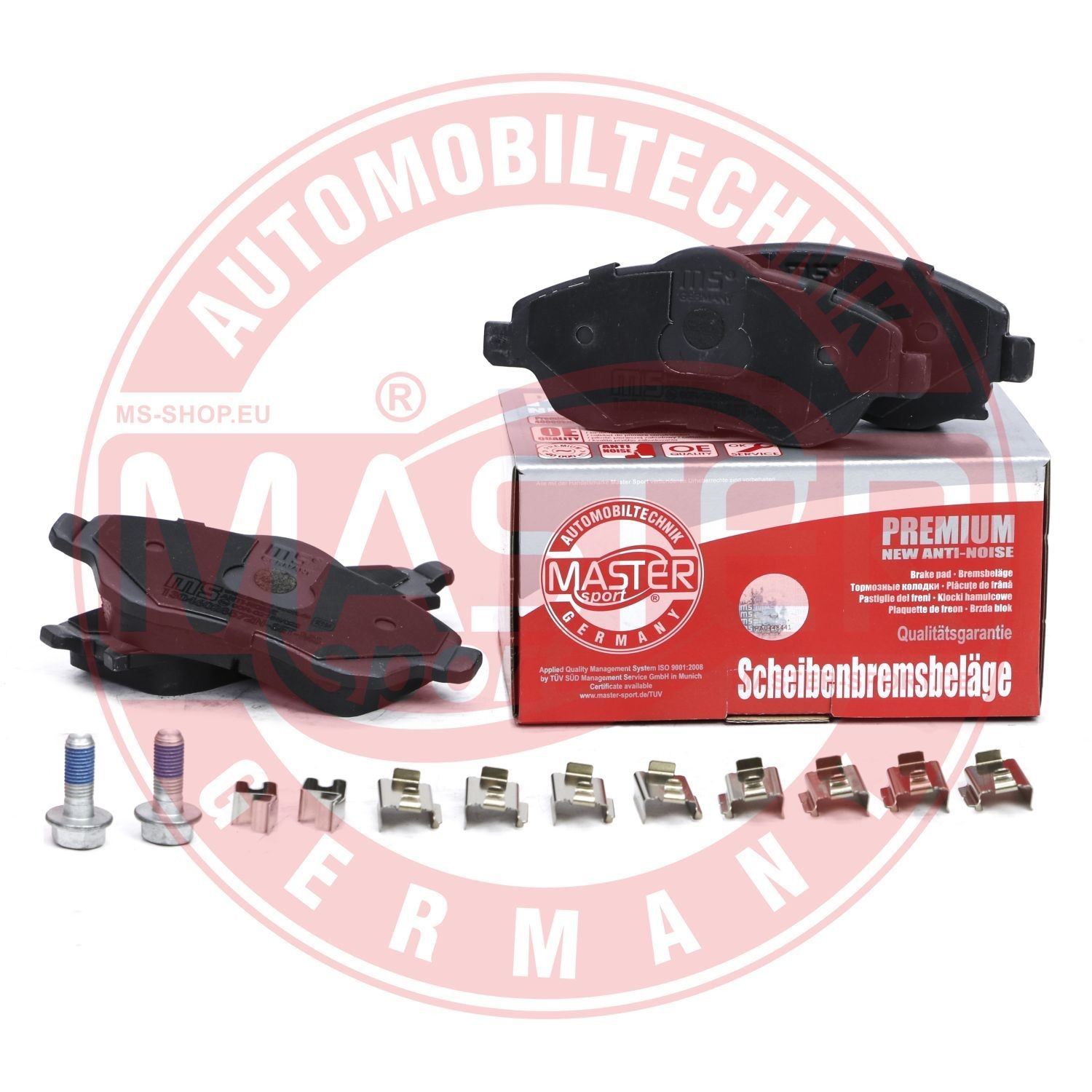 13046028572N-SET-MS Set of brake pads AB236028572 MASTER-SPORT Front Axle, with acoustic wear warning, with anti-squeak plate