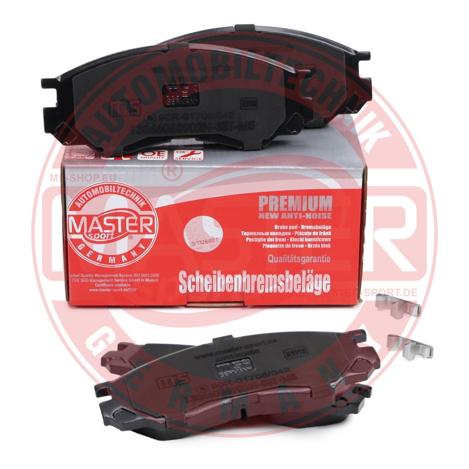 13046058902N-SET-MS Set of brake pads AB236058902 MASTER-SPORT Front Axle, with acoustic wear warning, with anti-squeak plate