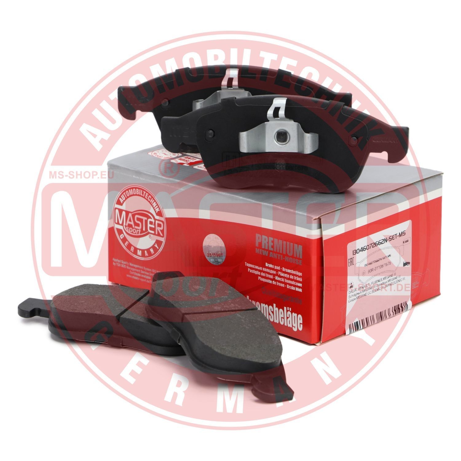13046072662N-SET-MS Set of brake pads AB236072662 MASTER-SPORT Front Axle, excl. wear warning contact, not prepared for wear indicator, with anti-squeak plate