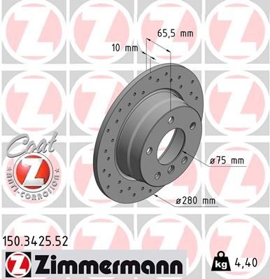 ZIMMERMANN SPORT COAT Z 150.3425.52 Brake disc 280x10mm, 6/5, 5x120, solid, Perforated, Coated, High-carbon