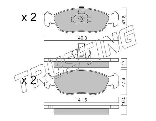 21430 TRUSTING excl. wear warning contact, not prepared for wear indicator Height 2: 47,8mm, Thickness 1: 16,5mm, Thickness 2: 17,0, 16,5mm Brake pads 159.1 buy