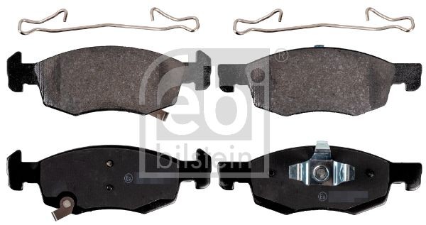 16907 Set of brake pads 16907 FEBI BILSTEIN Front Axle, with acoustic wear warning, with piston clip, with staples