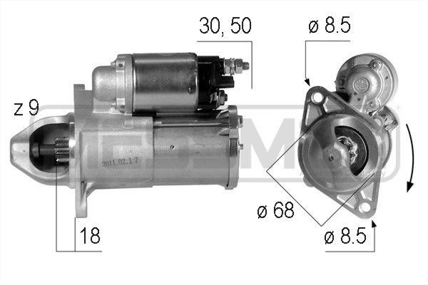 ERA 220609 Starter motor 12V, 1,1kW, Number of Teeth: 9, 30-50, Ø 68 mm