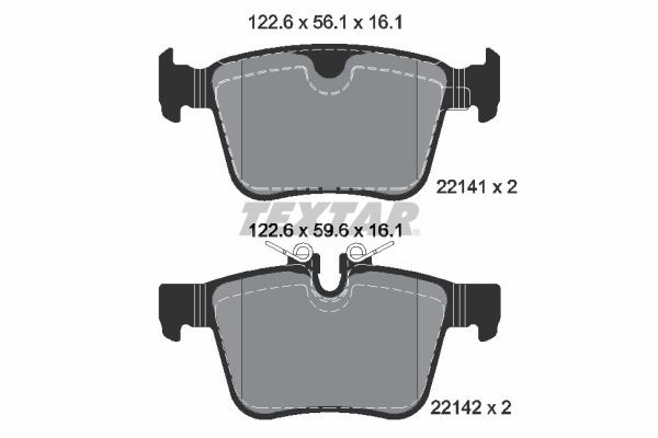 22141 TEXTAR prepared for wear indicator Height 1: 56,1mm, Height 2: 59,6mm, Width: 122,4mm, Thickness: 16,1mm Brake pads 2214101 buy