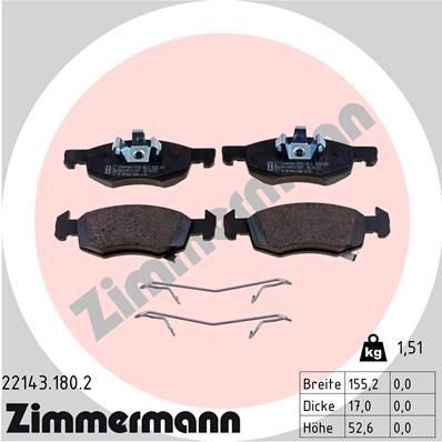 22143 ZIMMERMANN with acoustic wear warning, Photo corresponds to scope of supply, with spring Height: 52mm, Width: 155mm, Thickness: 17mm Brake pads 22143.180.2 buy