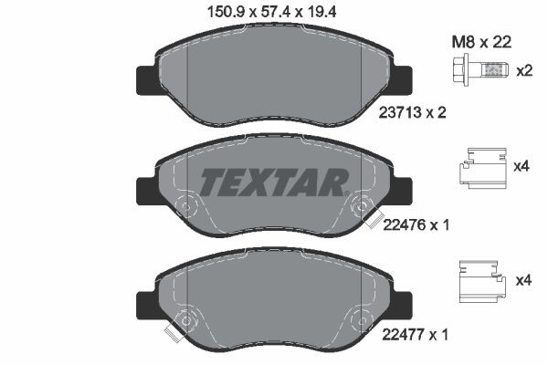22476 TEXTAR with acoustic wear warning, with brake caliper screws, with accessories Height: 57,4mm, Width: 150,9mm, Thickness: 19,4mm Brake pads 2247601 buy