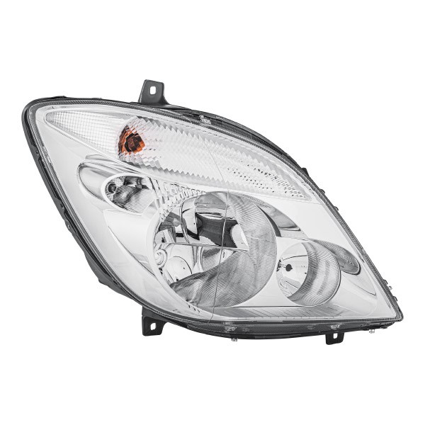 HELLA 1EB 247 012-021 Headlight Right, H7/H7, W5W, PY21W, FF, Halogen, 12V, without front fog light, with high beam, with position light, with indicator, with low beam, for right-hand traffic, with bulbs, with motor for headlamp levelling