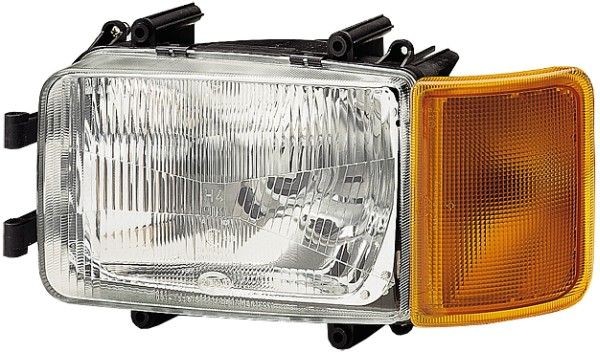 HELLA 1EG 005 480-051 Headlight Left, P21W, T4W, H4, Halogen, 24V, yellow, with position light, with indicator, with high beam, with low beam, for right-hand traffic, without bulbs