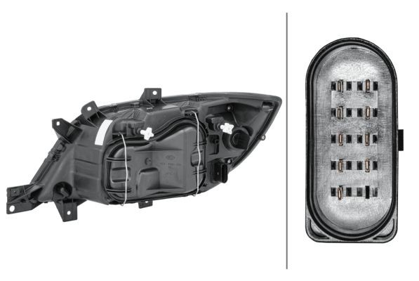 HELLA 1EH246047-021 Head lights Right, W5W, H7/H3, PY21W, H7, H3, 12V, white, with indicator, without front fog light, with low beam, with high beam, with position light, for right-hand traffic, with bulbs, with motor for headlamp levelling