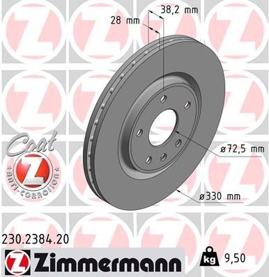 230.2384.20 ZIMMERMANN Brake rotors DODGE 330x28mm, 6/5, 5x127, internally vented, Coated, High-carbon
