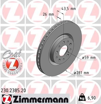 ZIMMERMANN COAT Z 230.2385.20 Brake disc 281x26mm, 10/5, 5x98, internally vented, Coated