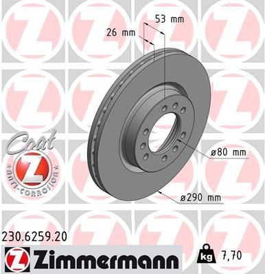 ZIMMERMANN COAT Z 230.6259.20 Brake disc 290x26mm, 9/6, 6x110, internally vented, Coated